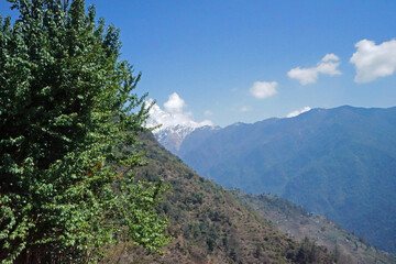 Natural landscape of Snowcapped mountain view with clear blue sky- Annapurna Himalayan range, Nepal