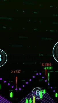 Animation of data processing and bitcoin symbol over black background