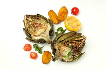 Concept of tasty food with grilled artichoke on white background