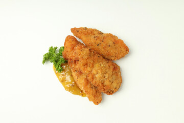 Concept of tasty food with chicken strips on white background