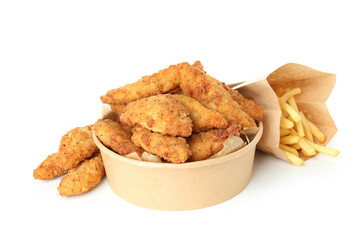 Concept of tasty food with chicken strips isolated on white background