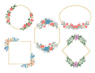 Isolated Colorful Line Frame Icon Leaf Floral Border Divider with Circular, rectangle or hexagon pink or red flower for save the date wedding tag name invitation