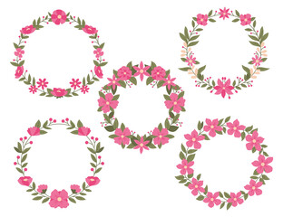 Isolated Colorful Line Frame Icon Leaf Floral Border Divider with Circular, rectangle or hexagon pink or red flower for save the date wedding tag name invitation