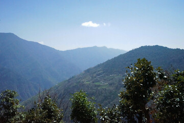Natural landscape of Snowcapped mountain view with clear blue sky- Annapurna Himalayan range, Nepal