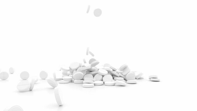 3D Animation of pills falling down and landing on white background