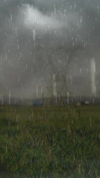Animation of heavy rain, storm with lightning and grey clouds over electric pylons