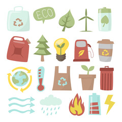 Eco friendly, Save energy, environment renewable symbol sticker clip art with green car, paper bag, bulb and mill.