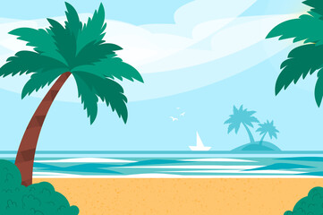 Fototapeta na wymiar Helllo Summer. Summer Vacation On Sea Beach Landscape with Palms and Island. Beautiful Seascape Banner Seaside Summer Holidays. Nobody.