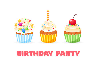 Happy Birthday card with cupcakes. Cartoon illustration of sweet muffins decorated with sprinkles and berries. Vector 10 EPS.
