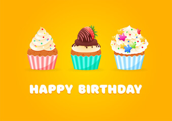Happy Birthday card with cupcakes. Cartoon illustration of sweet muffins decorated with sprinkles and berries. Vector 10 EPS.
