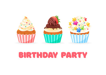Happy Birthday card with cupcakes. Cartoon illustration of sweet muffins decorated with sprinkles and berries. Vector 10 EPS.
