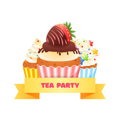 Happy Birthday card with cupcakes. Cartoon illustration of sweet muffins decorated with sprinkles and berries. Vector 10 EPS.
