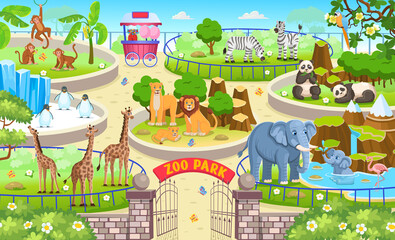 Zoo map with enclosures with animals. Outdoor park entrance with green bushes. Cartoon vector illustration. Pandas, giraffes, elephants, zebras, elephants, penguins, monkeys, parrots, flamingo. - obrazy, fototapety, plakaty