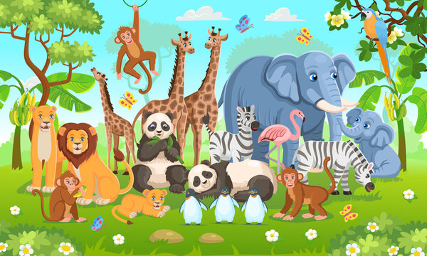 Zoo animals set. Pandas, giraffes, elephants, zebras, elephants, penguins, monkeys, parrots, flamingos in cartoon style for kids.