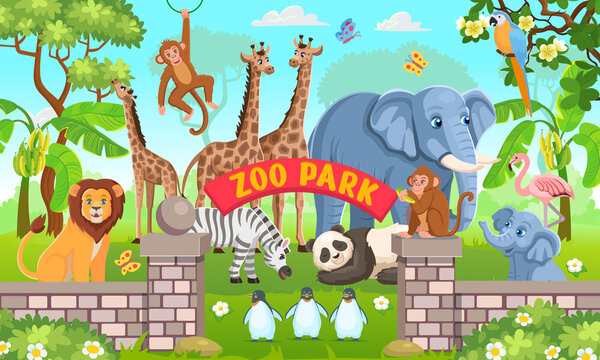 Outdoor park entrance with green bushes. Zoo animals set. Pandas, giraffes, elephants, zebras, elephants, penguins, monkeys, parrots, flamingos in cartoon style for kids.Cartoon vector illustration. 