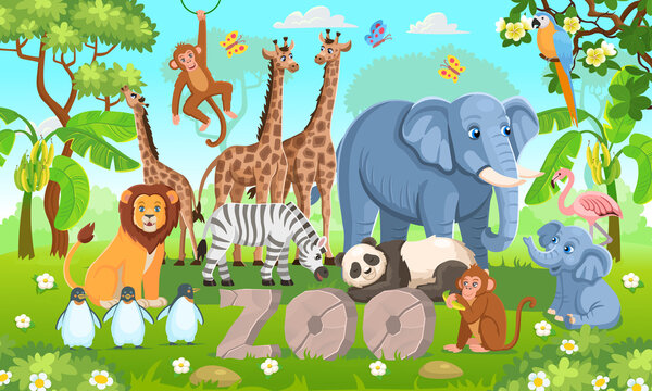 Stone letters zoo. Zoo animals set. Pandas, giraffes, elephants, zebras, elephants, penguins, monkeys, parrots, flamingos in cartoon style for kids.