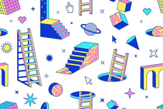 Psychedelic seamless pattern with geometric shapes, abstract elements in trendy surrel trippy style.