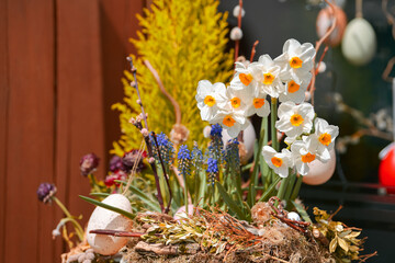 Easter decorations inside a house. Beautiful details with eggs and other Easter objects.