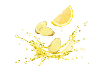 Ginger lemon tea splash isolated on white background.