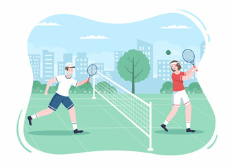 Tennis Player with Racket in Hand and Ball on Court. People doing Sports Match in Flat Cartoon Illustration