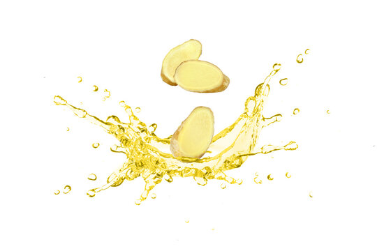 Ginger Tea Or Ginger Oil Splash Isolated On White Background.