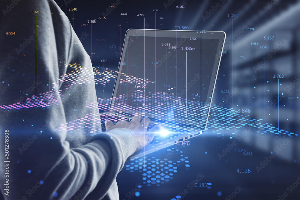 Poster Hacker hand using laptop with abstract digital map and index lines on blurry interior background. Global infographic, hacking, theft, world and location concept. Double exposure.