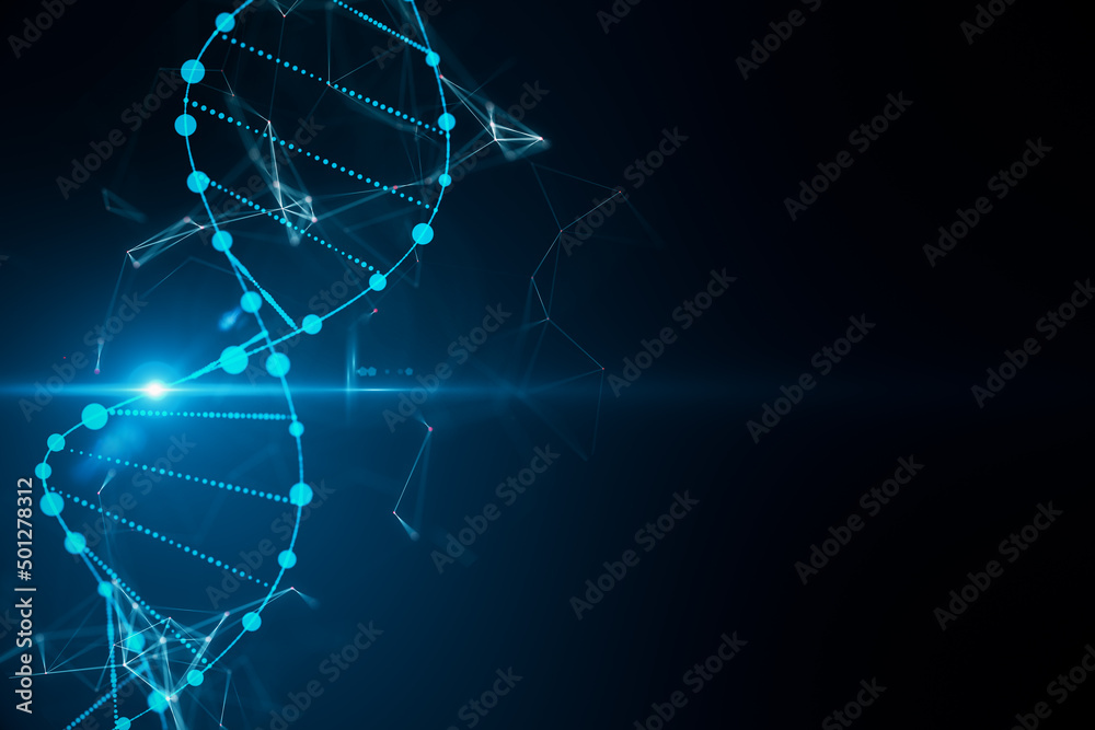 Aufkleber abstract glowing dna hologram on dark blue backdrop with mock up place. science, medicine and biotec