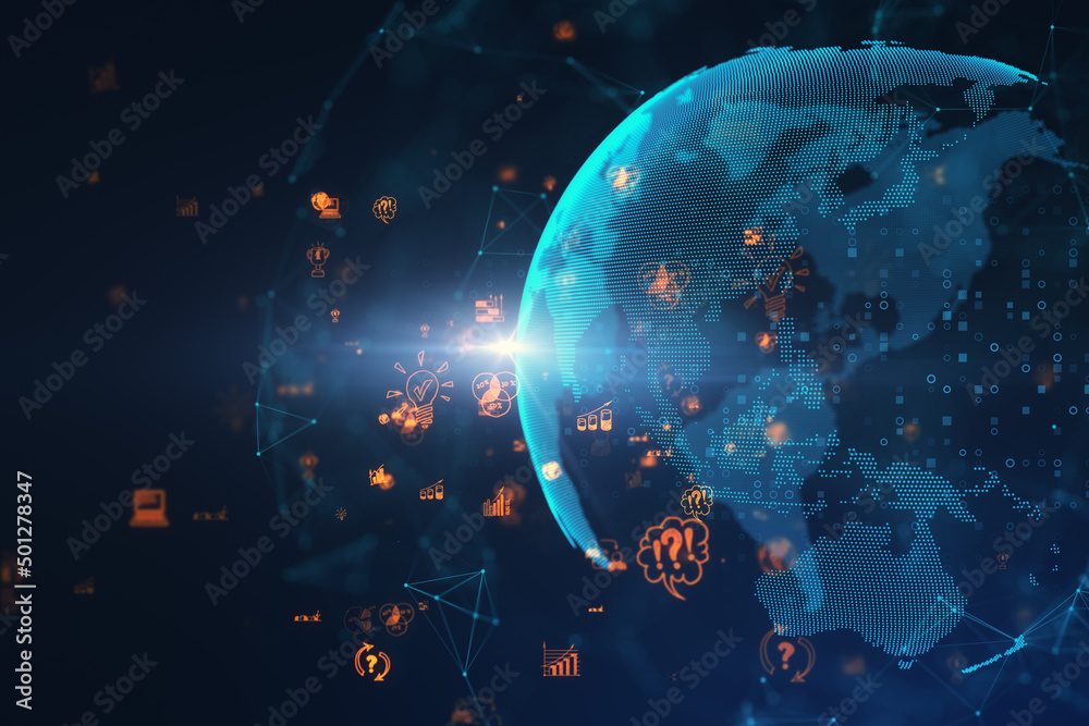 Poster Glowing polygonal globe with social icons on blurry background. Connect and data concept. 3D Rendering.
