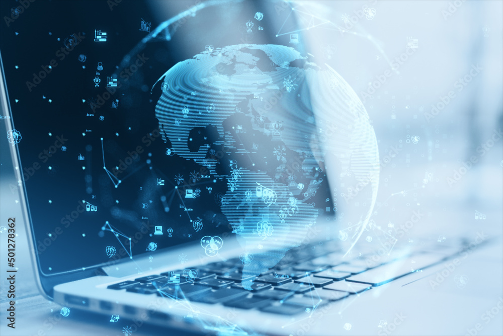 Poster Close up of laptop computer with glowing polygonal globe and social icons on blurry background. Connect and data concept. Double exposure.