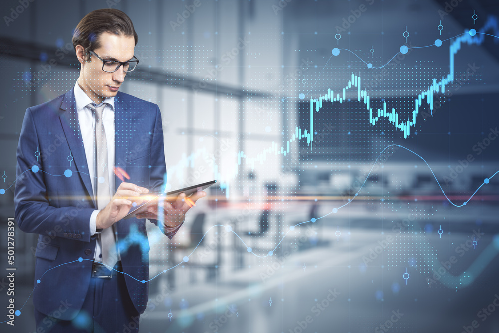 Poster businessman with glasses using tablet with growing forex chart and dot map hologram hud on blurry of