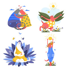 happy cats. set of vector illustrations. playful beautiful images of cats in different poses