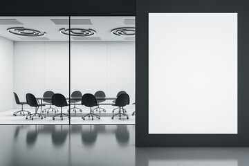 Modern glass meeting room interior with empty mock up banner on wall, reflections, furniture. Workplace concept. 3D Rendering.