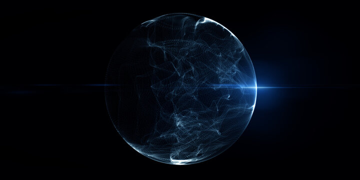 Creative 3d rendering sphere made of neon dots. Global network connection. Globe Grid. Worldwide communication. Futuristic earth globe. Science, technology and illustration on dark background. - Powered by Adobe