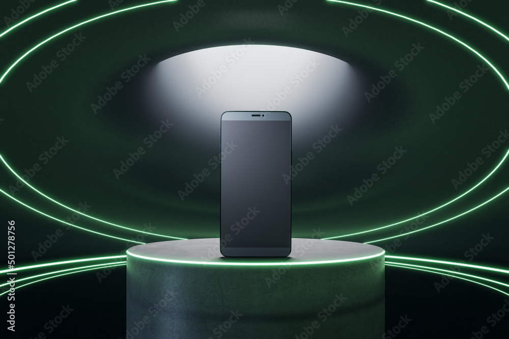 Poster Close up of blank smartphone on light pedestal background. Presentation and mock up concept. 3D Rendering.