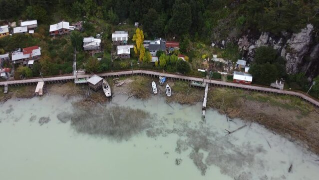 Aerial view of Caleta Tortel. A famous village without streets at the end of the Carretera Austral. Patagonia, Chile