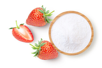 Fresh strawberry with sugar powder isolated on white background. Top view. Flat lay.