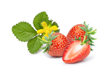 Strawberry berry fruit with green leaf and flower isolated on white background.