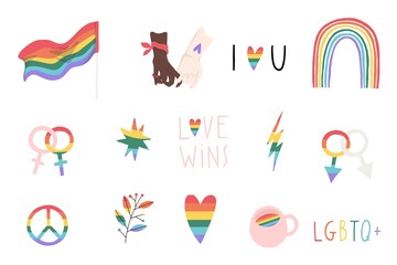 Pride month symbols sticker set. Cute gay elements in rainbow colors. Vector collection of LGBTQ signs and lettering. Hand drawn flat illustrations for Pride Month decorations - obrazy, fototapety, plakaty