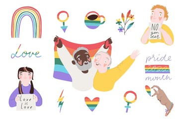 Pride month symbols sticker set. Cute gay elements in rainbow colors. Vector collection of LGBTQ signs and lettering. Hand drawn flat illustrations for Pride Month decorations