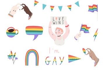 Fototapeta premium Pride month symbols sticker set. Cute gay elements in rainbow colors. Vector collection of LGBTQ signs and lettering. Hand drawn flat illustrations for Pride Month decorations