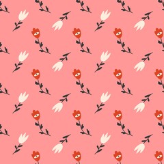 Cute floral pattern in a small flower. Seamless vector texture. Elegant template for fashion prints. Pink background. Flat design, hand drawn cartoon, vector.