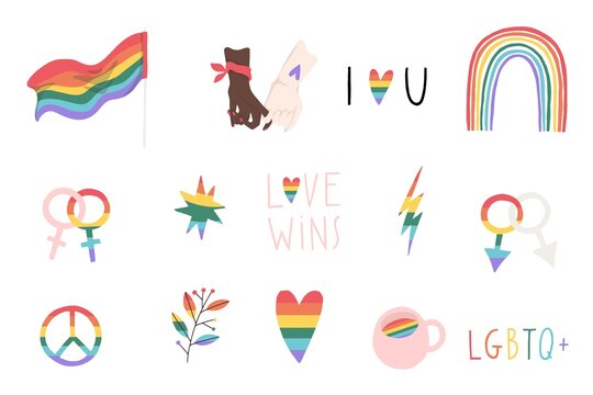 Pride month symbols sticker set. Cute gay elements in rainbow colors. Vector collection of LGBTQ signs and lettering. Hand drawn flat illustrations for Pride Month decorations