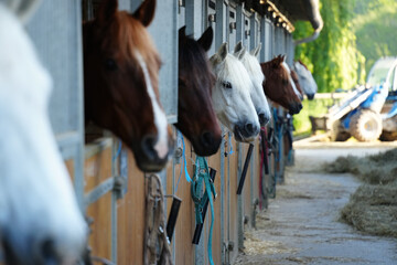 horses in the boxes of an equestrian center - 501279956