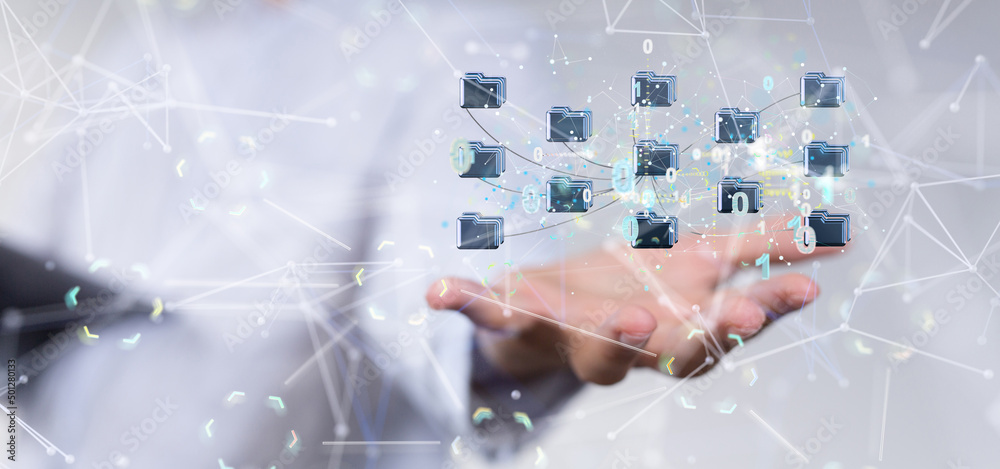 Poster Data cloud storage network from lines, triangles and particle style design.