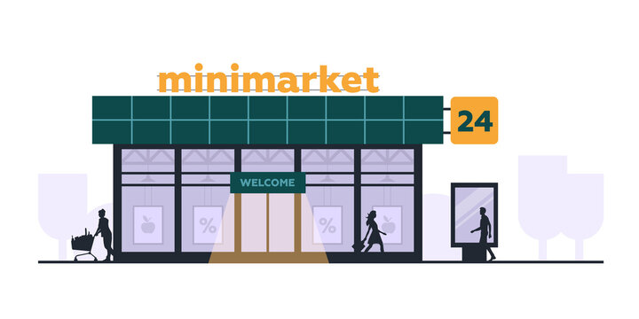 People and shopping. Shop building on the street. Minimarket. Architecture. Vector image.