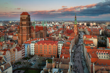 Aerial view of the beautiful Gdansk city at sunset, Poland