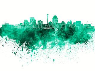 San Antonio skyline in green watercolor on white background