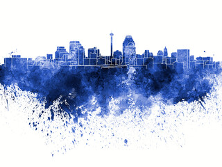 San Antonio skyline in blue watercolor on white background