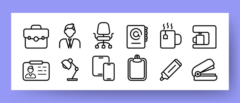 Office Tools Set Icon. Briefcase, Worker, Armchair, Reference Book, Coffee, Coffee Machine, Badge, Lamp, Clipboard, Smartphone, Pencil, Stapler. Vector Line Icon For Business And Advertising