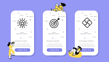 Success set icon. Asterisk, star, arrow hit the target, completed puzzle. Motivation concept. UI phone app screens with people. Vector line icon for Business and Advertising